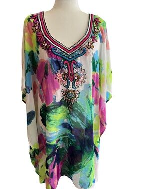 Nouveau Beach Embellished Multicolor V-Neck Women's Tunic Top Size Small